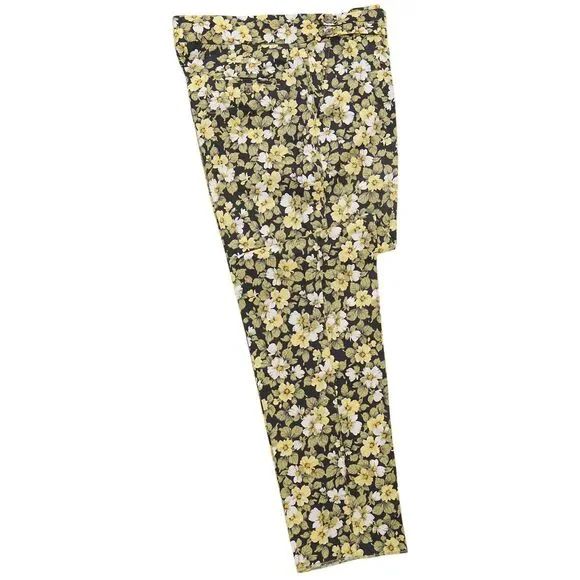 Mens Gurkha Pants 38 Green Yellow Black Floral Trousers Straight Fit Flat Front
